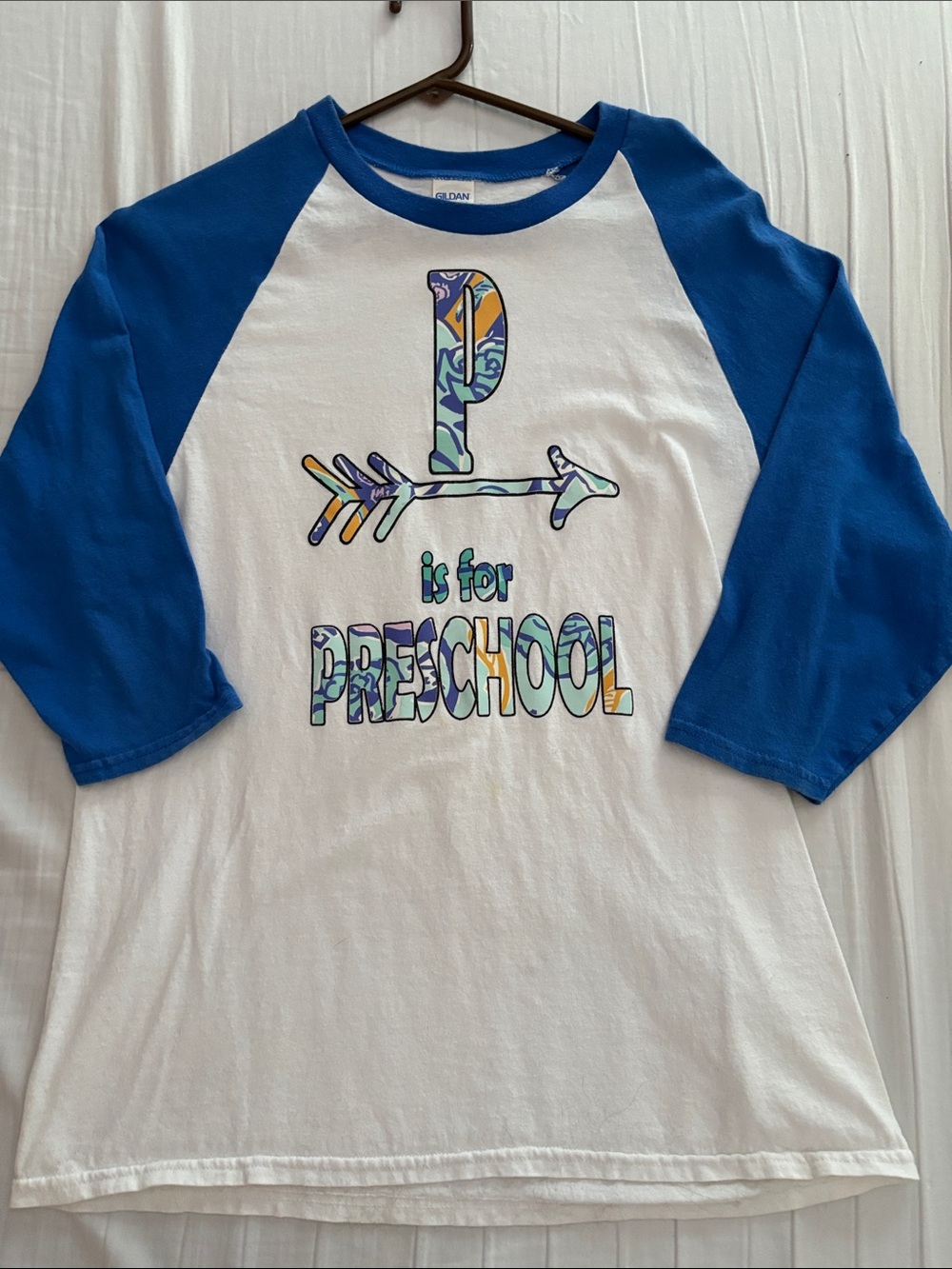 Gildan White and Blue Raglan 'P is for Preschool' Graphic Tee